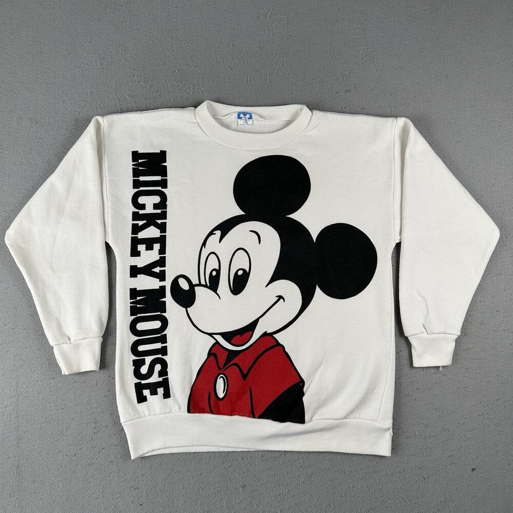 Vtg 80s Mickey Mouse Crew Neck‎ Men’s Large White Double Sided Sweatshirt